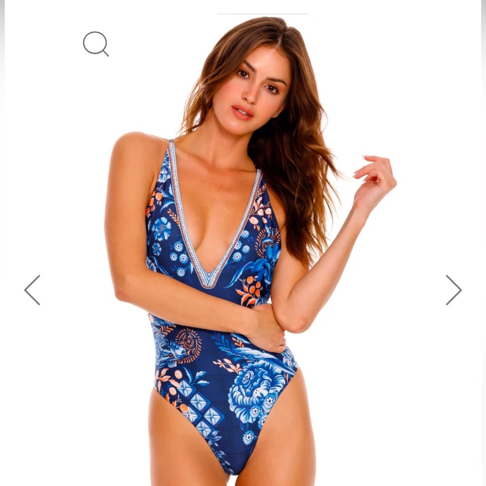 Agua Bendita Azure Aloe One Piece Swimsuit w/ Handmade Details Size L $220